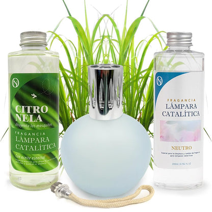 Pack Lámpara Catalítica Azul Grisáceo Mate + Fragancia Citronela 200ml + Limpiador Neutro 200ml + Mecha Repuesto_0