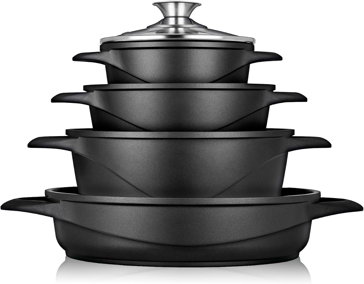 Briebe Batería De Cocina Inducción 8 Piezas Aluminio Fundido 4 Ollas Con Tapa De Cristal Antiadherente, Mgk-17, Negro_0