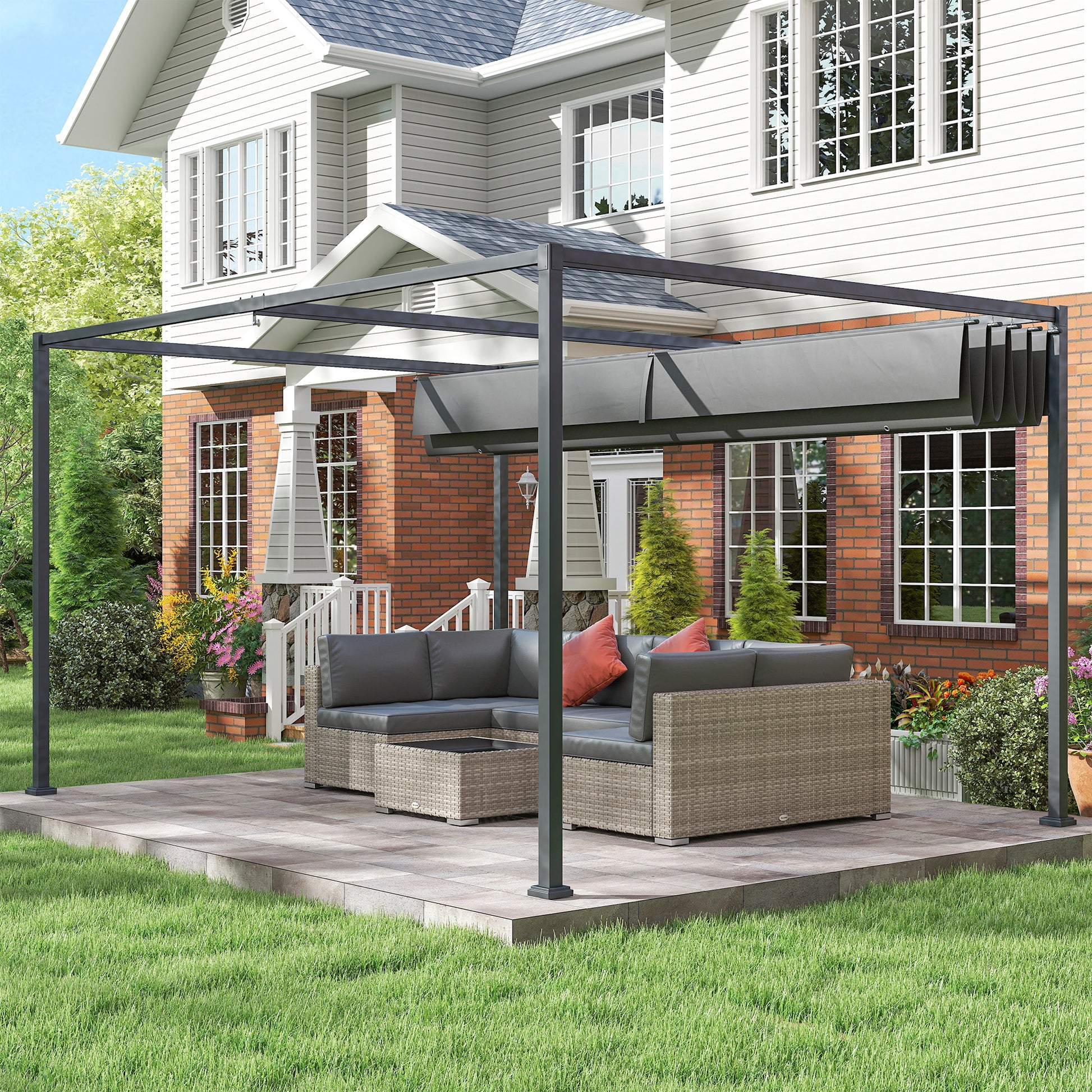 Outsunny Pérgola Con Techo Retráctil 4x3 M Resistente Al Agua Gris Oscuro_3