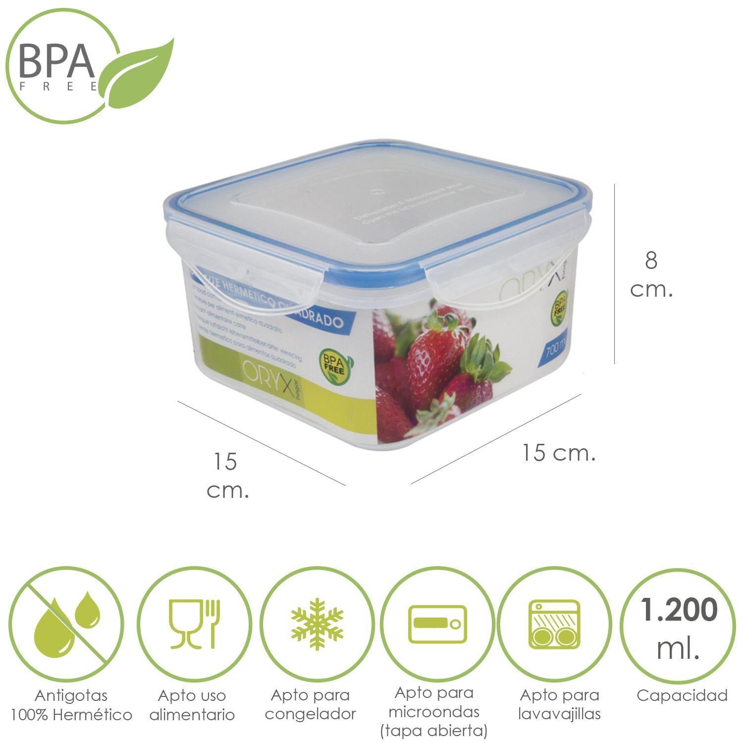 Recipiente Hermetico Plastico Cuadrado 1200 Ml.  15x15x8 (alt.) Cm._0