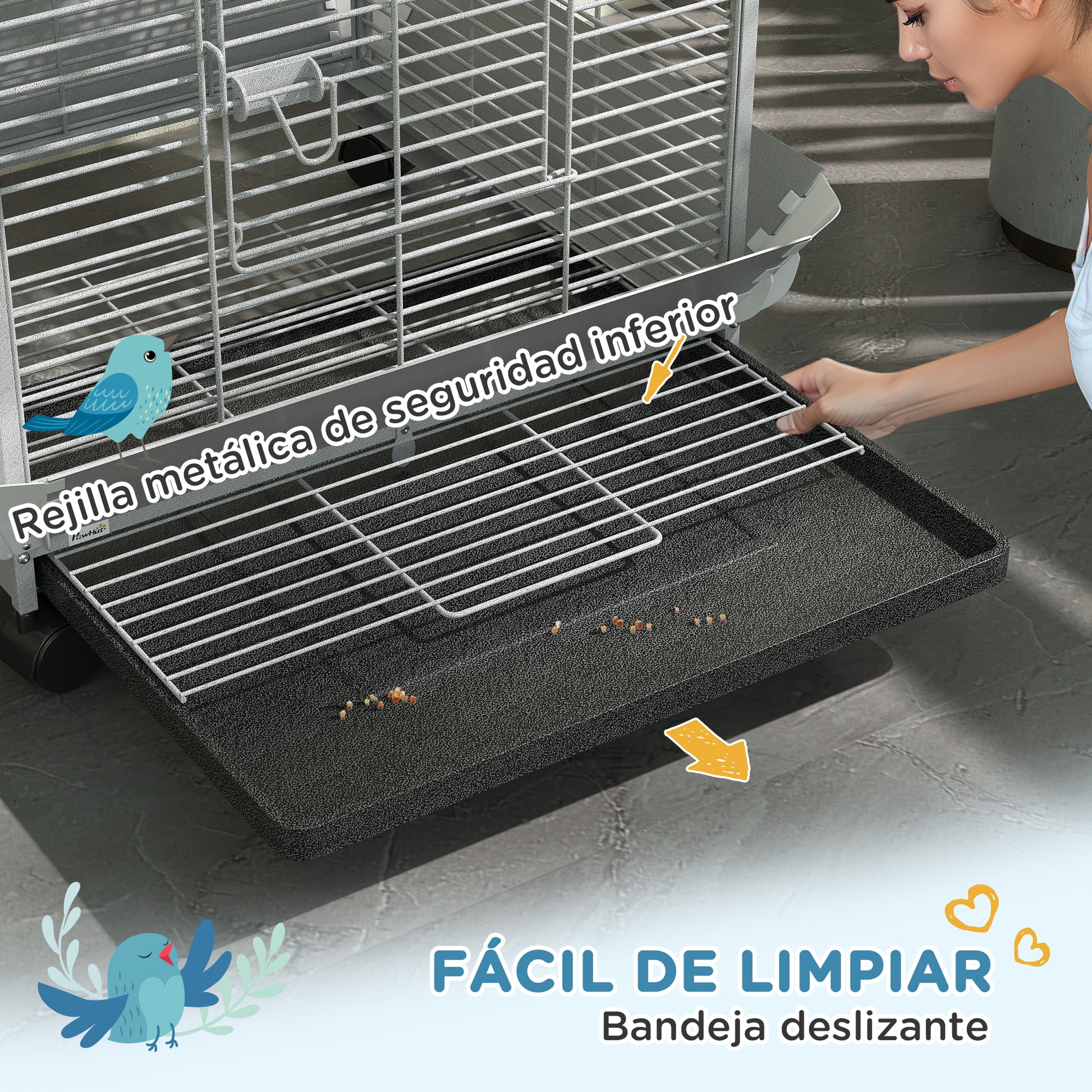 Pawhut Jaula Para Pájaros Con Ruedas Perchas 79x73x146 Cm Gris Claro_5