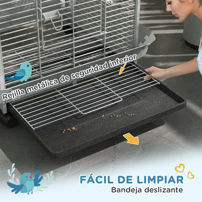 Pawhut Jaula Para Pájaros Con Ruedas Perchas 79x73x146 Cm Gris Claro_5