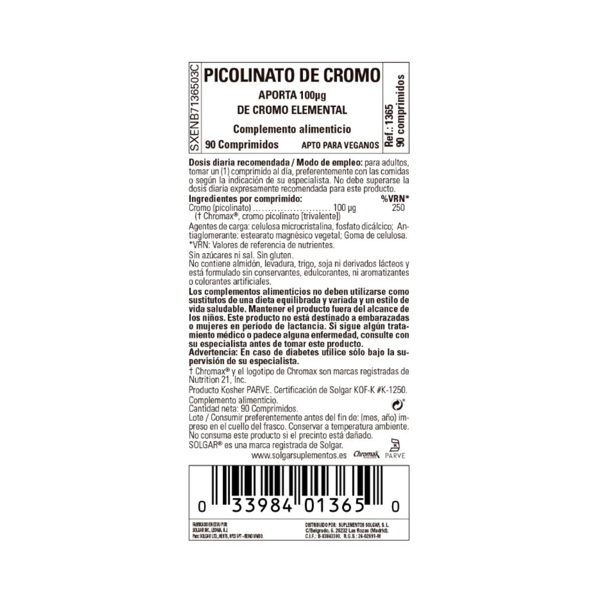 Picolinato de Crómio Sem Levedura Solgar 90 Cápsulas