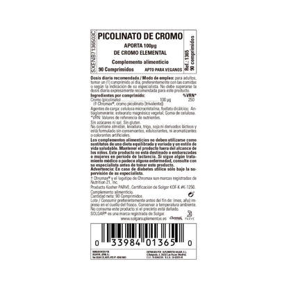 Picolinato de Crómio Sem Levedura Solgar 90 Cápsulas