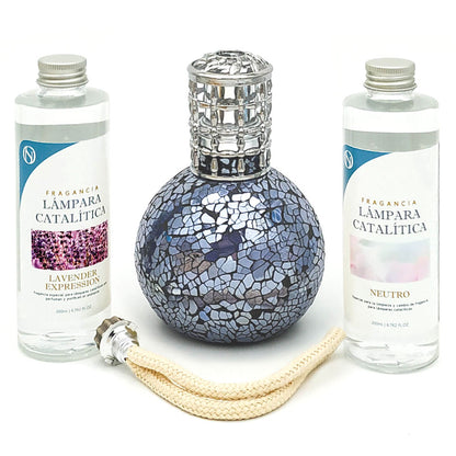 Pack Lámpara Catalítica Mosaico Azul Océano + Fragancia Lavender Expression 500ml + Limpiador 200ml + Mecha De Repuesto_0