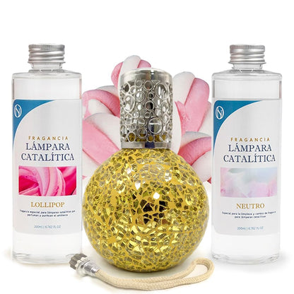 Pack Ahorro Lámpara Catalítica Mosaico Dorado + Fragancia Lollipop 500ml + Limpiador Neutro 200ml + Mecha Repuesto_0