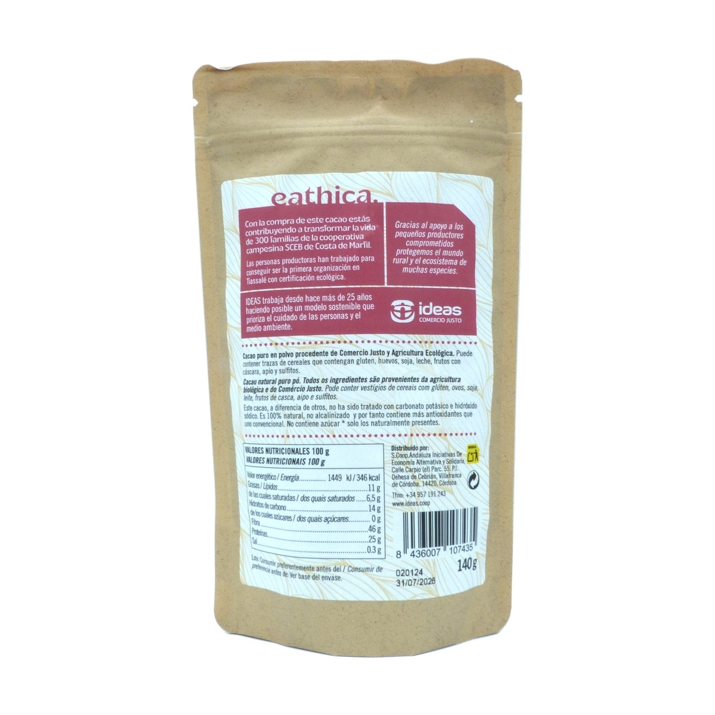 Eathica BIO Cacau Puro Sem Açúcar 140g