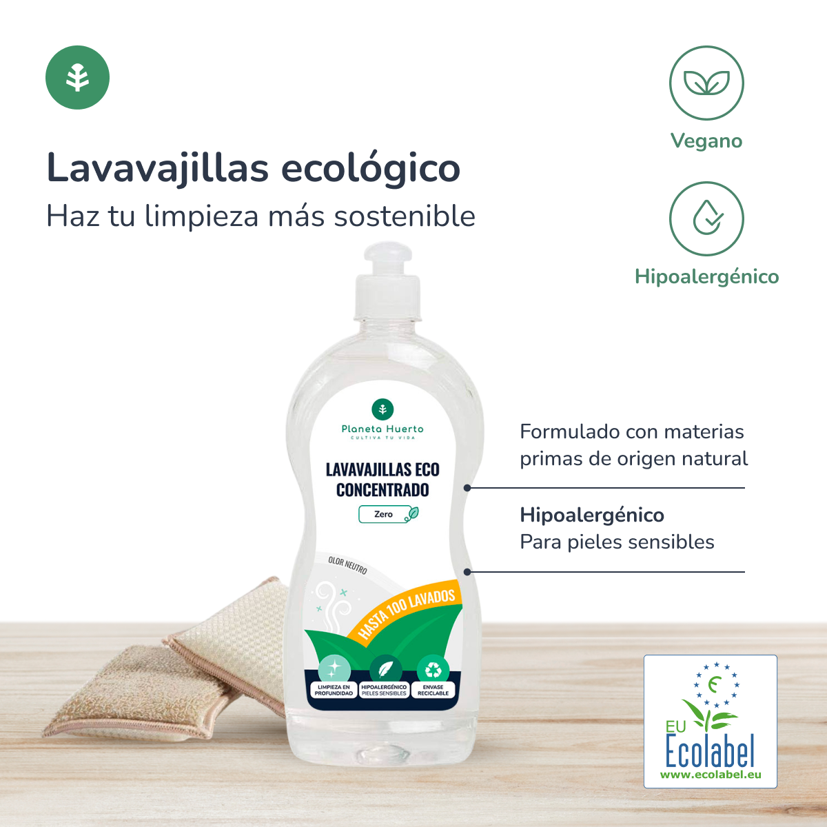 Embalagem de 6 detergentes hipoalergénicos para máquina de lavar louça Planeta Huerto ECO, sem fragrância, 750 ml