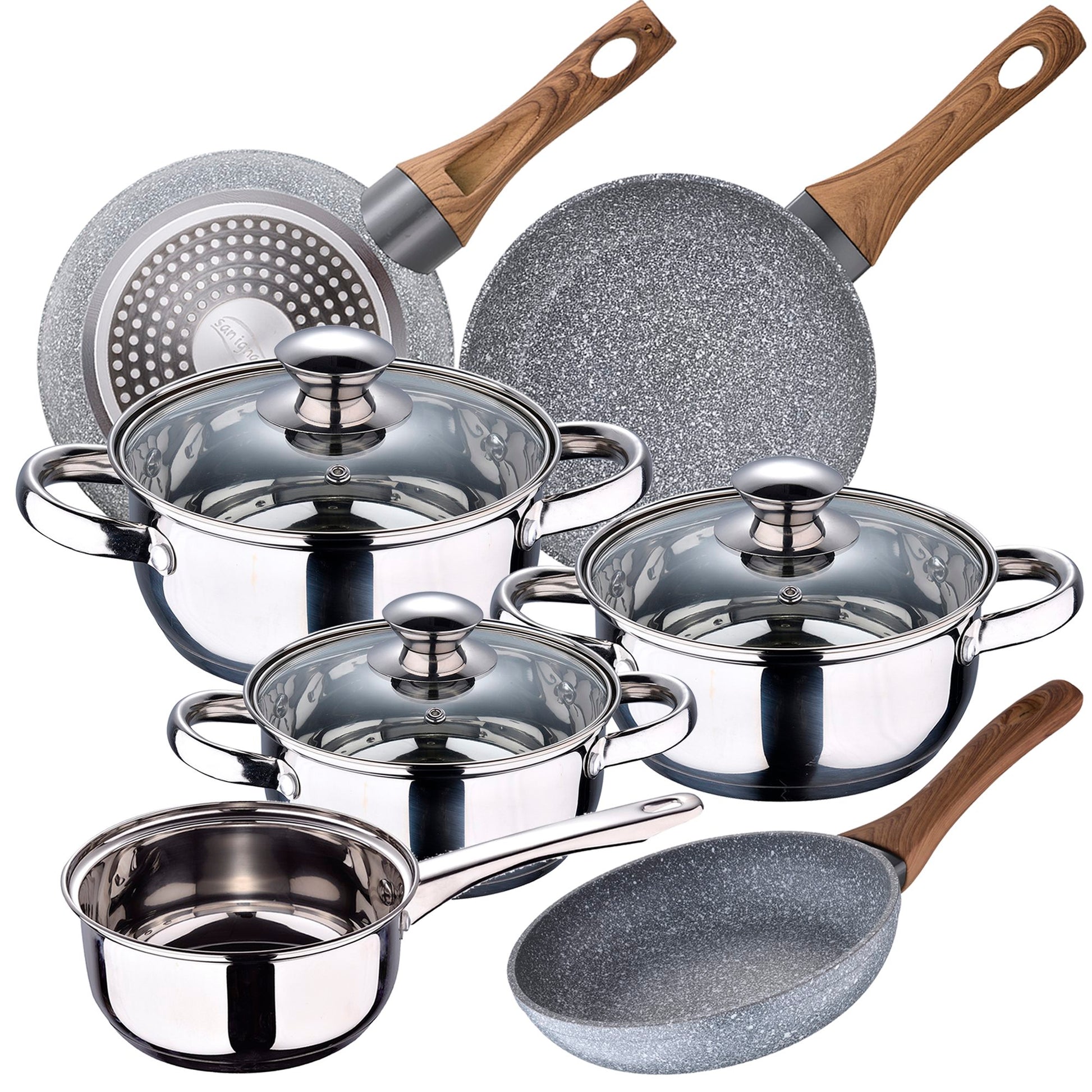 Bateria De Cocina 7 Piezas San Ignacio Faro De Acero Inoxidable Con Juego De Sartenes (22/24/26 Cm) San Ignacio Daimiel En Aluminio Forjado_0