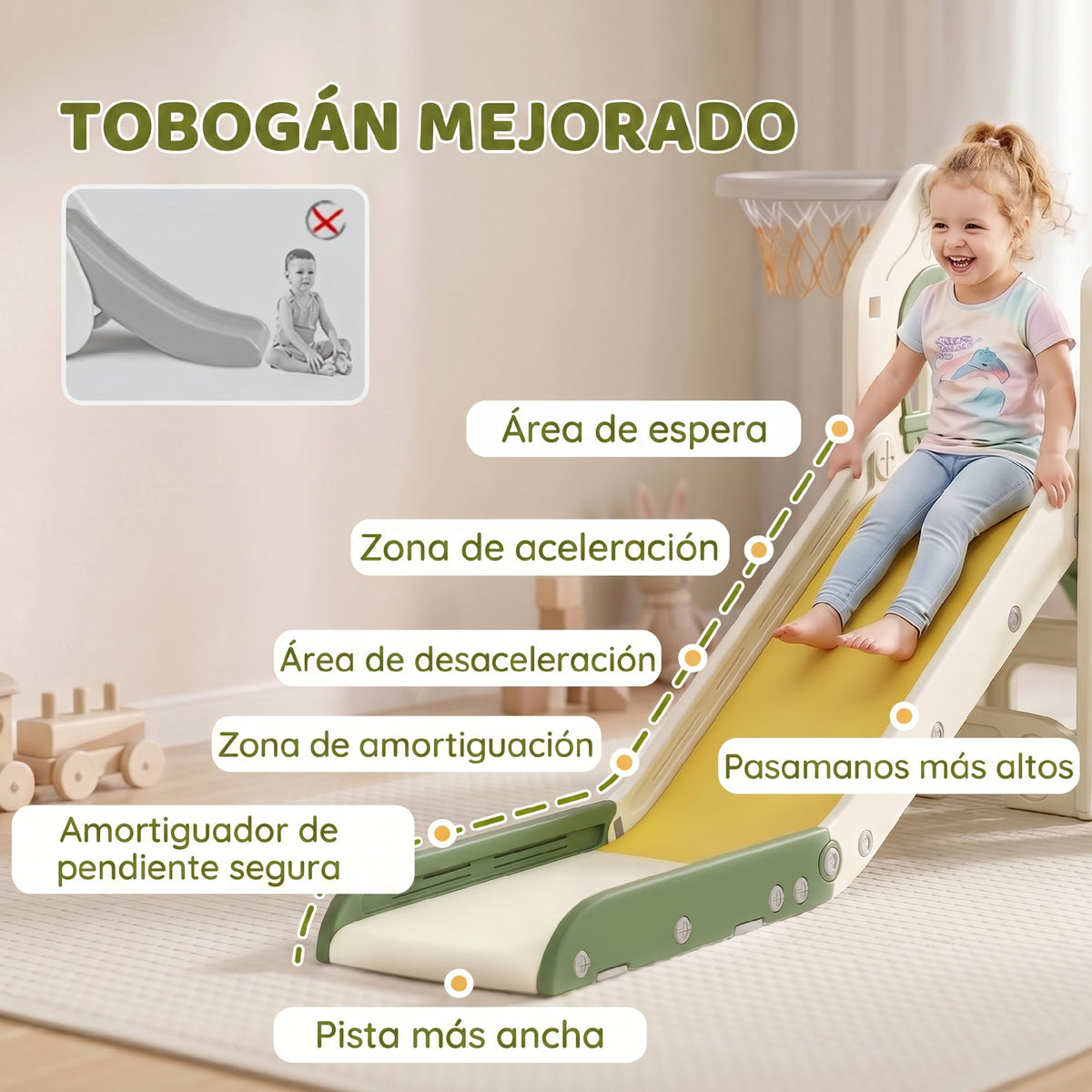 Aiyaplay Tobogán Infantil Plegable 5 En 1 Con Escalador Aro De Baloncesto Crema_5