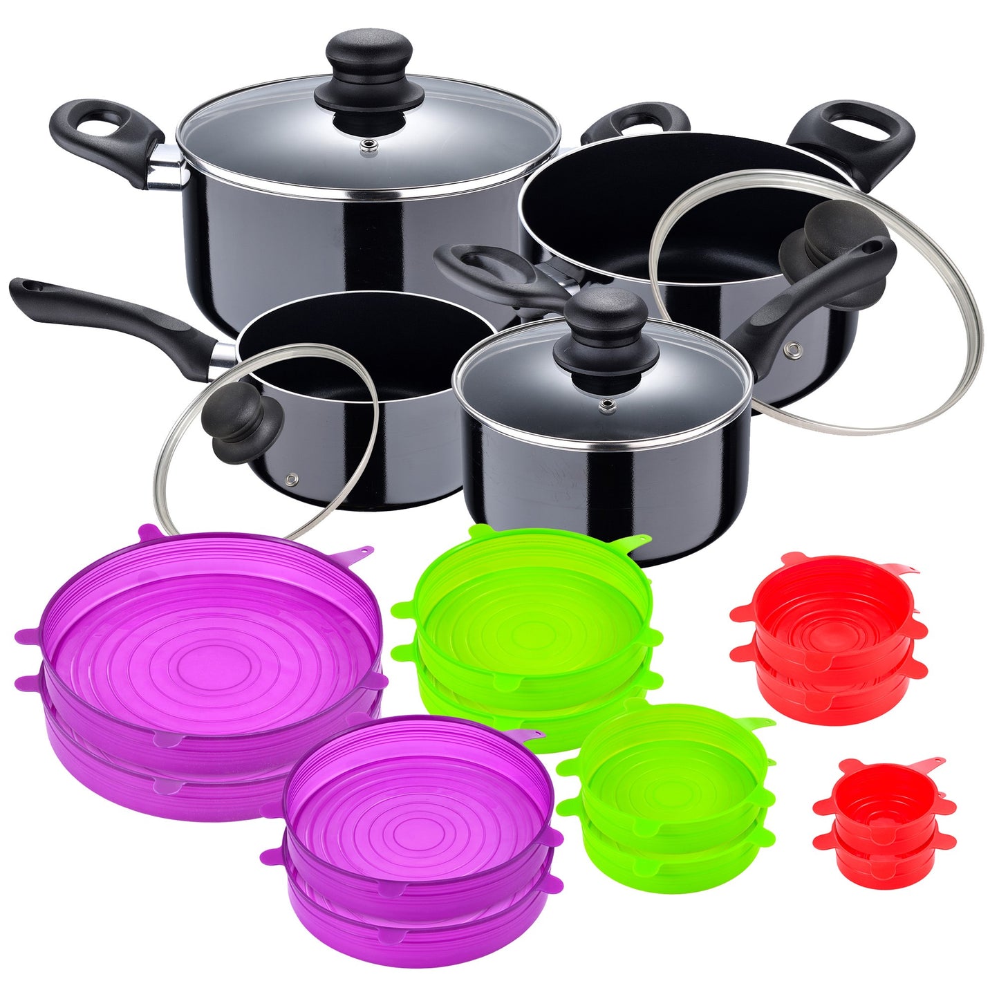 Juego De Batería De Cocina En Aluminio Prensado + Set De 12pc De Tapas De Silicona_0