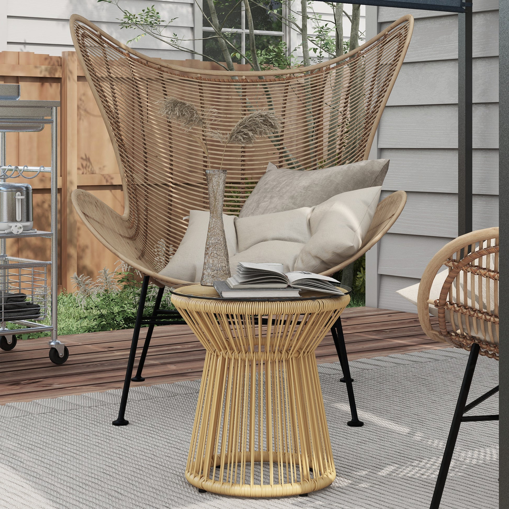 Outsunny Mesa Auxiliar De Ratán Sintético Con Marco De Metal Ø40x42 Cm Beige_1
