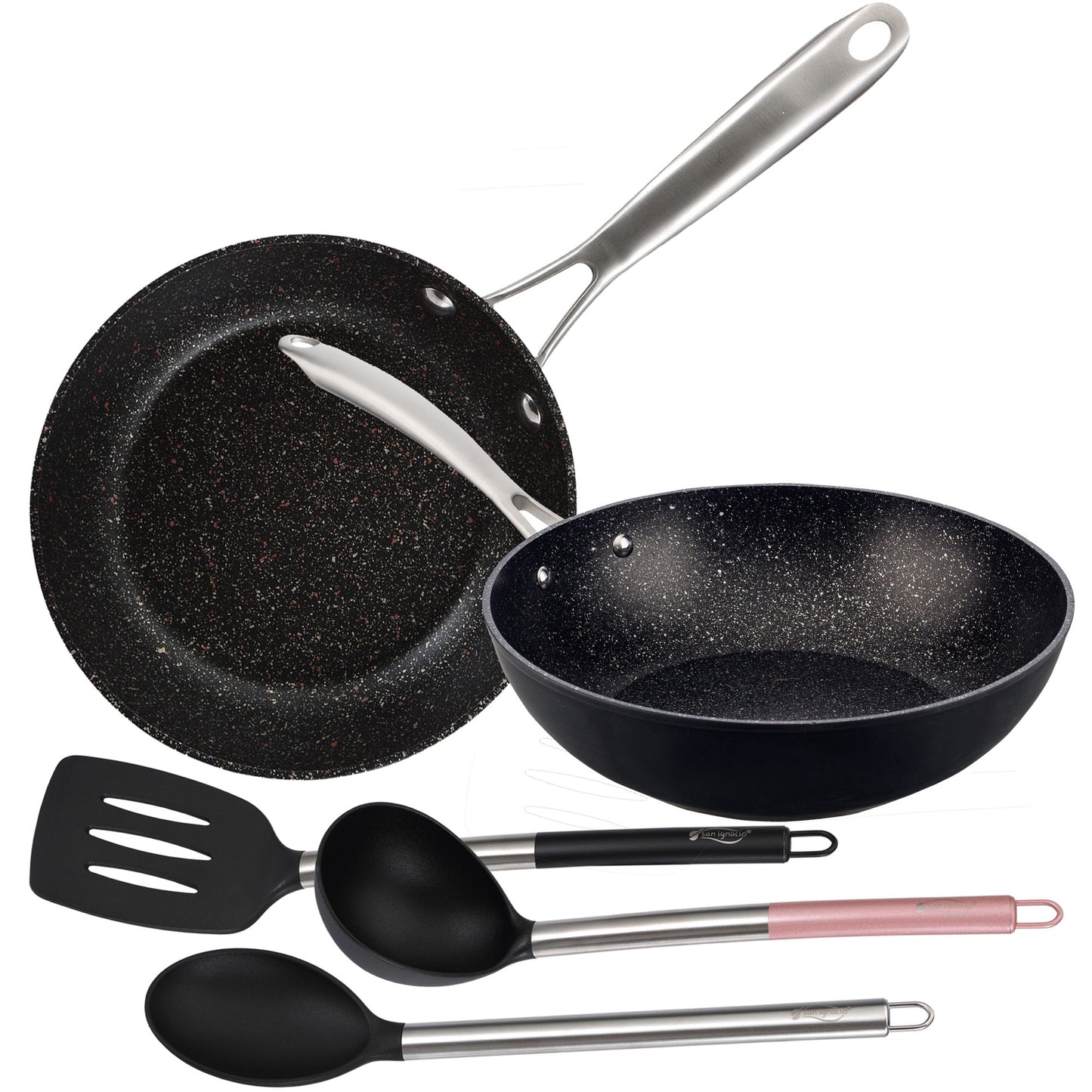 Set Sartenes 28x6.0 Cm Y Wok 28x8.0 Cm Aluminio Forjado, Aptas Para Inducción, Y Juego 3 Utensilios De Cocina Nylon San Ignacio Vita_0