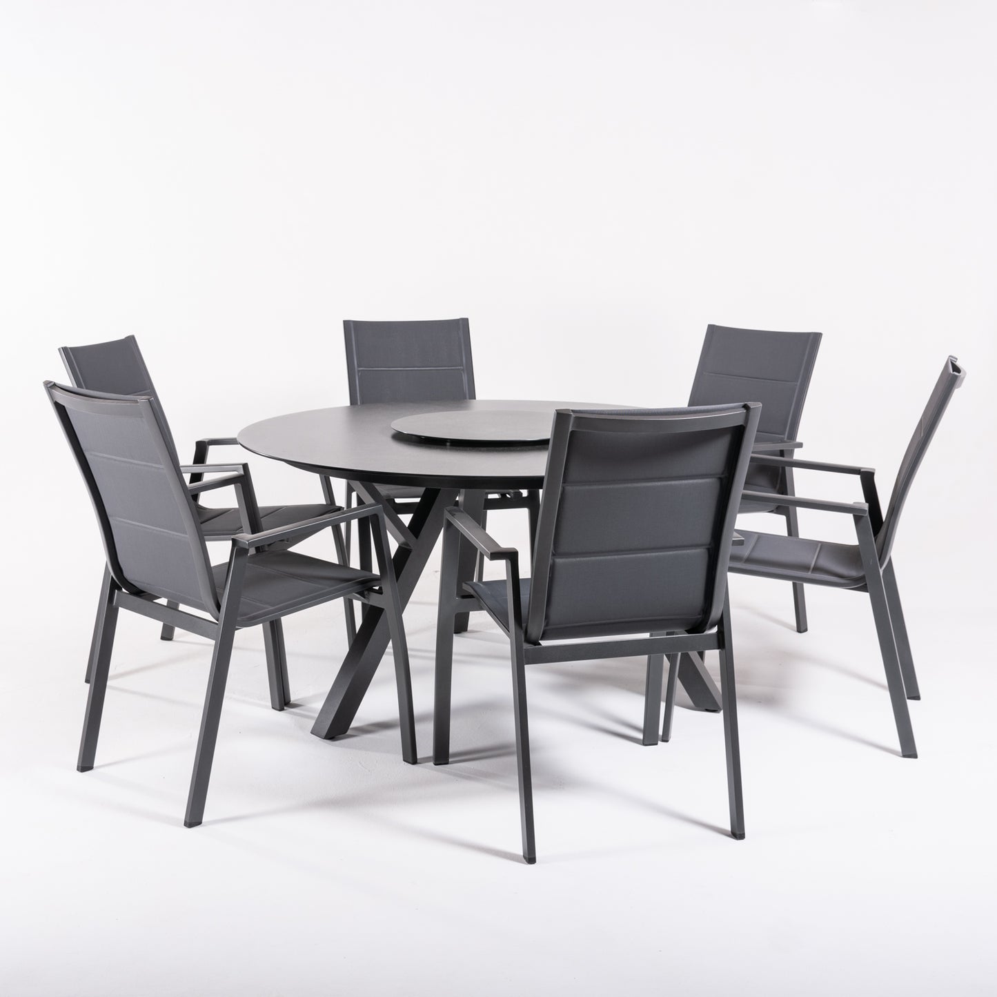 Conjunto De Mesas Y Sillas De Jardín, Redonda 135 Cm De Cristal Templado, Color Antracita + 6 Sillones De Acolchados_2