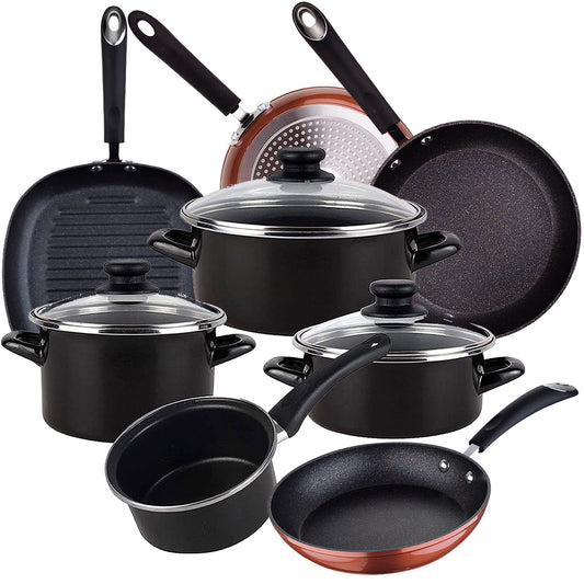 Bateria De Cocina 7 Piezas Magefesa Kenia De Acero Esmaltado Con Juego De Sartenes (20/24/28 Cm) Y Grill 28 Cm San Ignacio Moma En Aluminio Forjado_0
