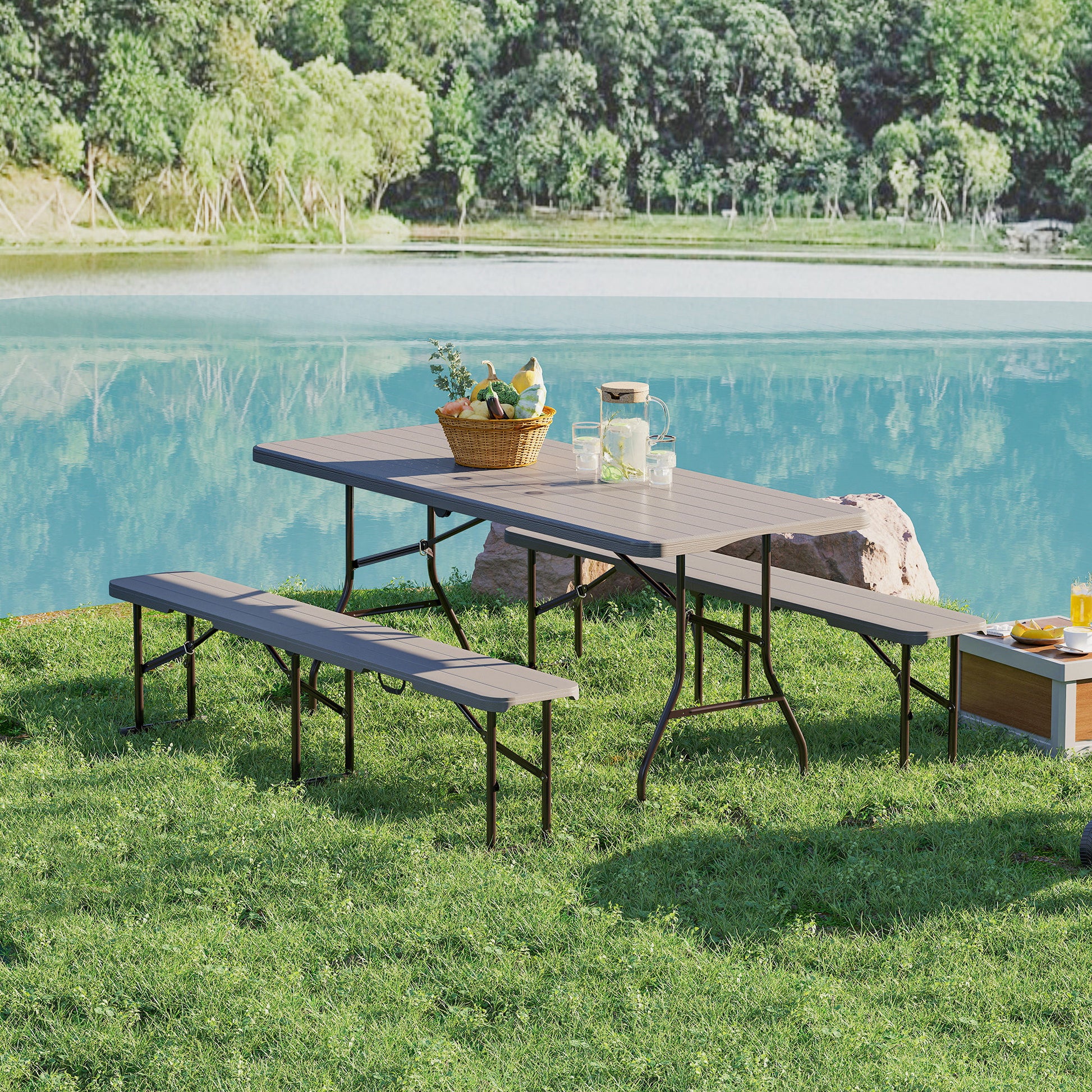 Outsunny Conjunto De Camping Plegable 3 Piezas Mesa Plegable Camping Con Bancos_3