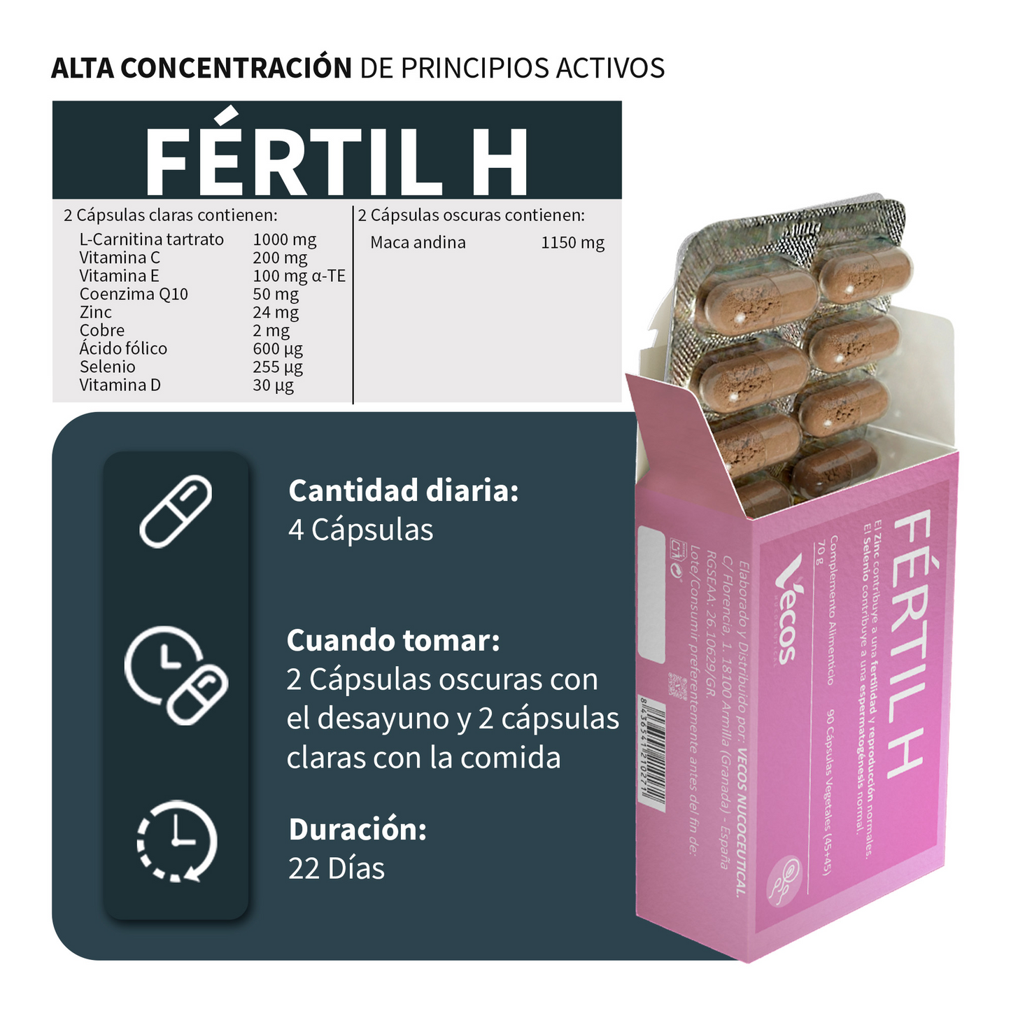Fértil H VECOS (45+45 cápsulas) | Estimulación de Fertilidad masculina | Zinc + Selenio | Maca andina + L-Carnitina_2