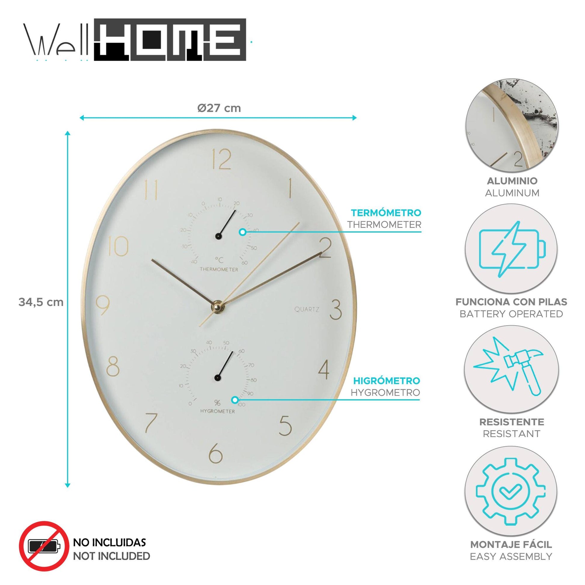 Well Home Reloj De Pared De Aluminio Con Borde Dorado, Termómetro E Higrómetro De 34,5x27,1cm_1