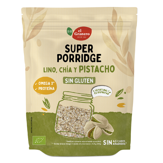 Superporridge Copos de Avena Sin Gluten con Pistacho, Lino y Chia BIO El Granero 350 g