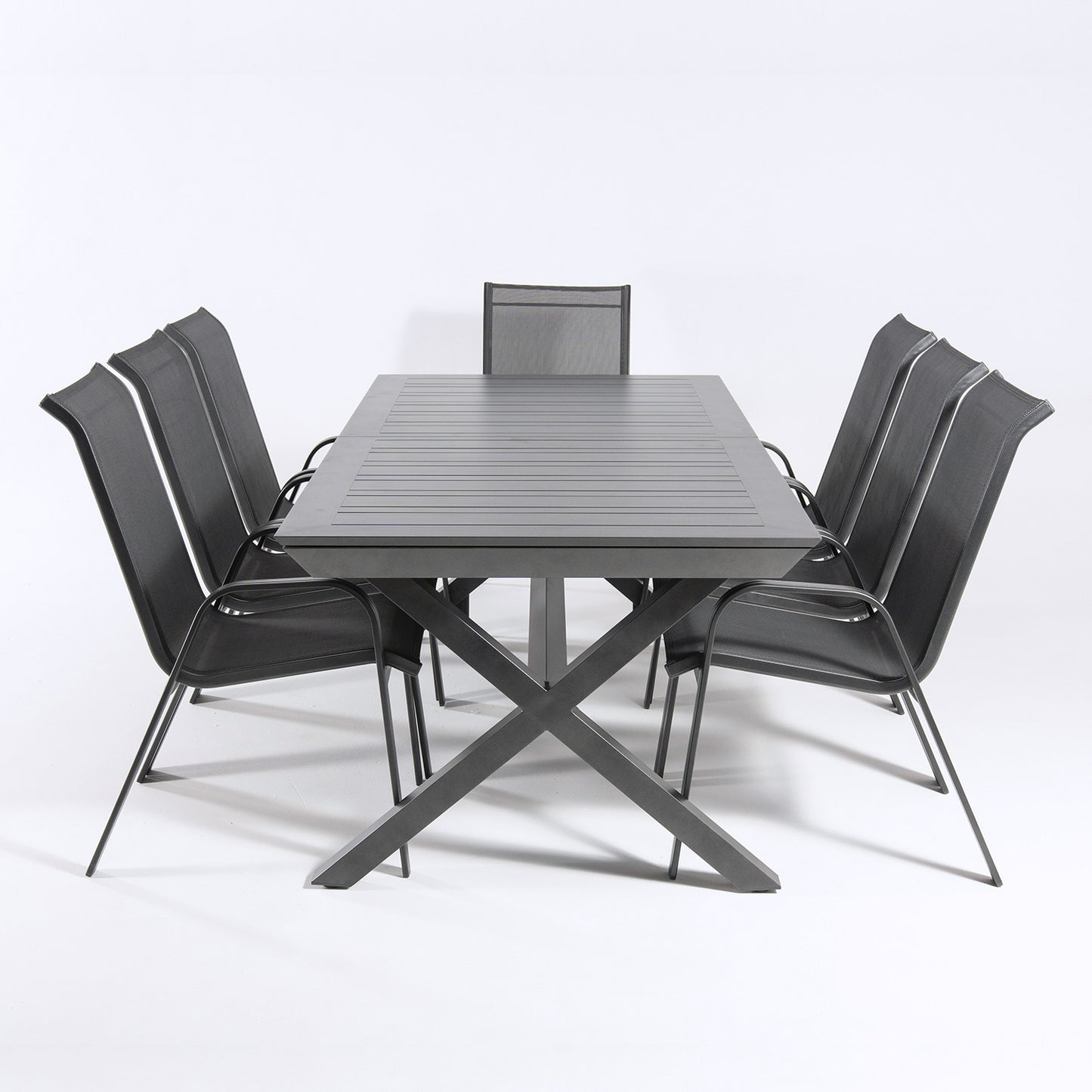 Conjunto De Exterior, Mesa Jardín Extensible 215/295 Cm Y 8 Sillones Apilables Con Respaldo De 98 Cm, Aluminio Color Antracita, 8 Plazas_3