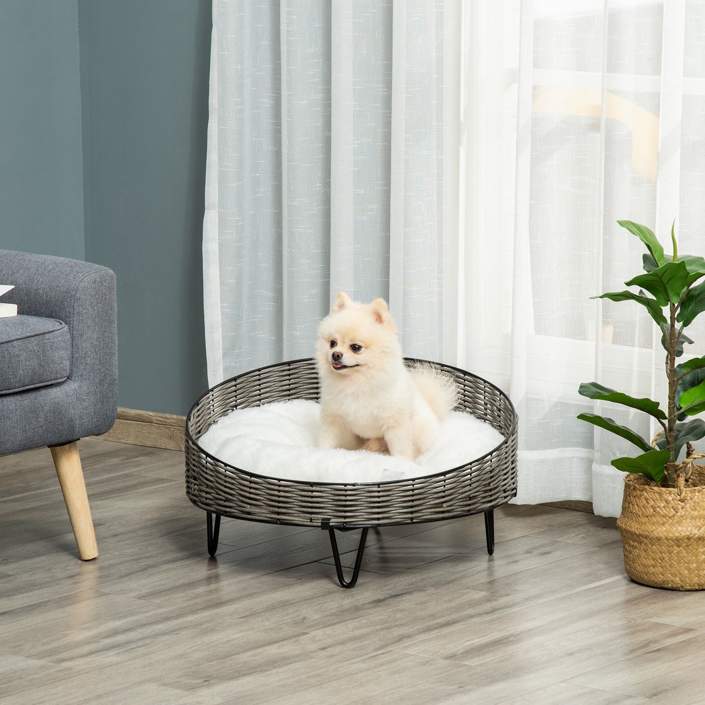 Pawhut Cama Para Perros De Mimbre Con Cojín Lavable Y Patas Elevadas Ø60x32 Cm_1