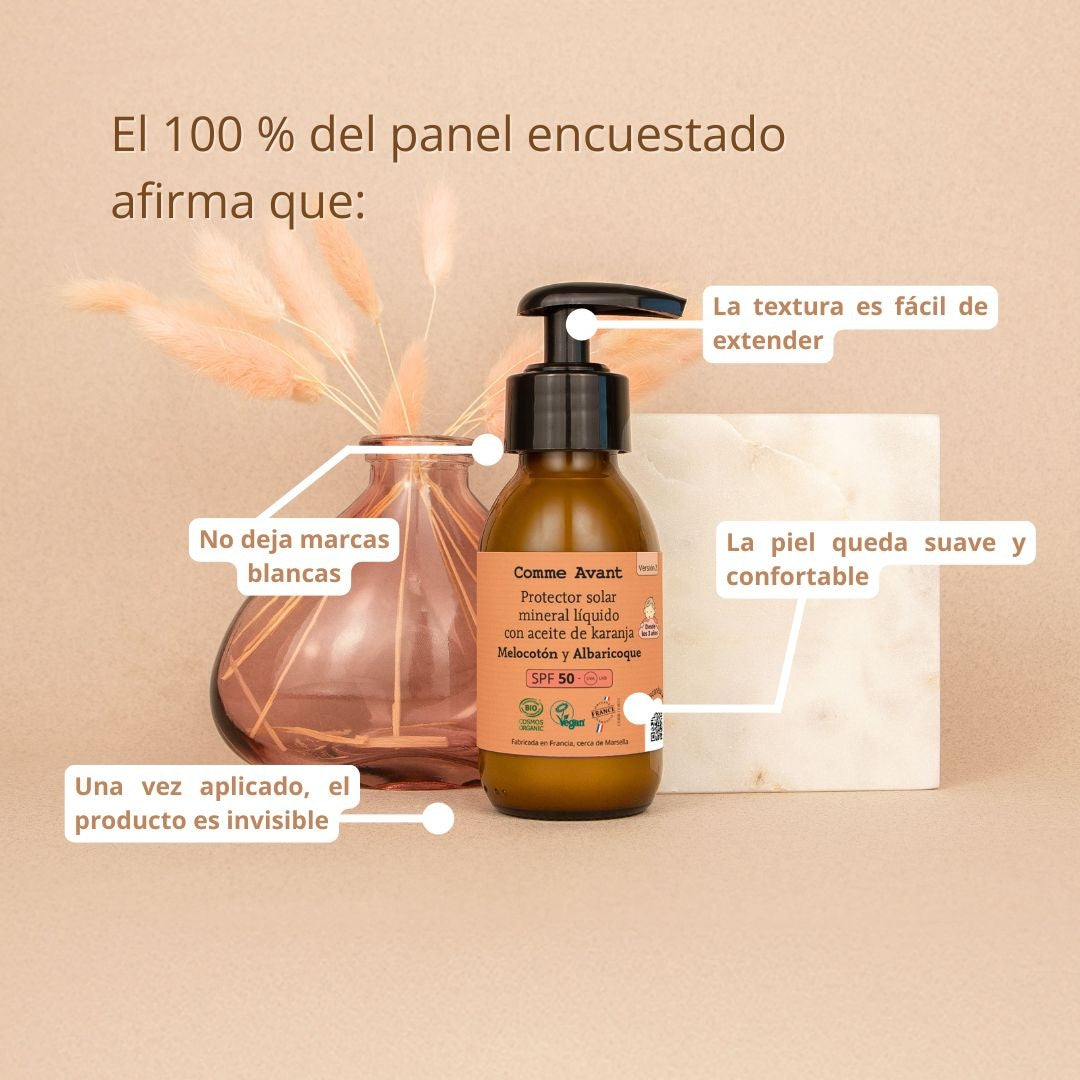 Protector solar mineral líquido PSF50 con aceite de karanja Melocotón y Albaricoque Comme Avant 105 ml