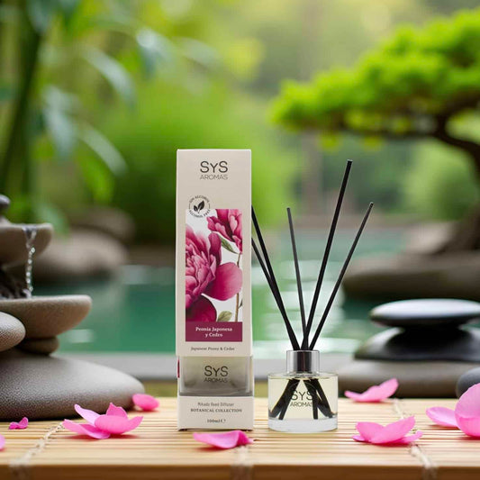 Sys Aromas Ambientador Mikado Peonía Japonesa y Cedro - Botanical - Sin Alcohol - Larga Duración - 100 Ml con 5 Varillas_0