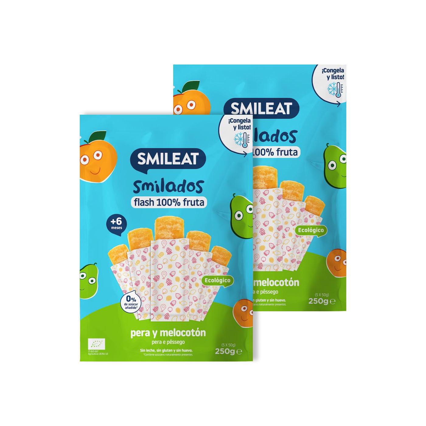 Pack de 2 gelados infantis SMILADO biológicos de pêra e pêssego, 100% fruta SMILEAT