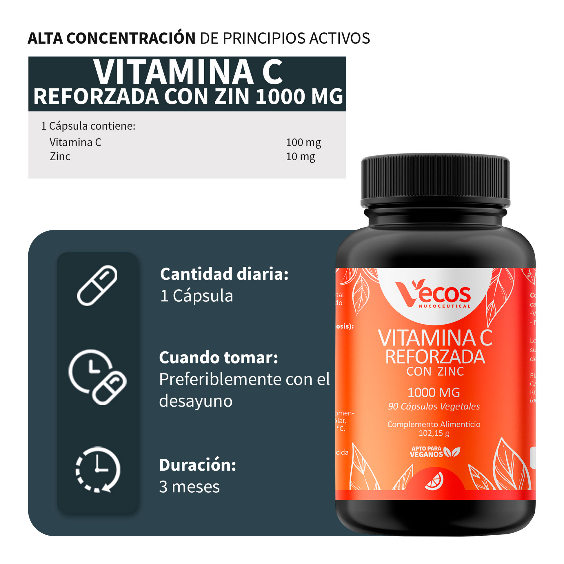 Vitamina C 1000 Mg Vecos 90 Cápsulas | Inmunidad Y Protección Oxidativa | Reforzada Con Zinc_2