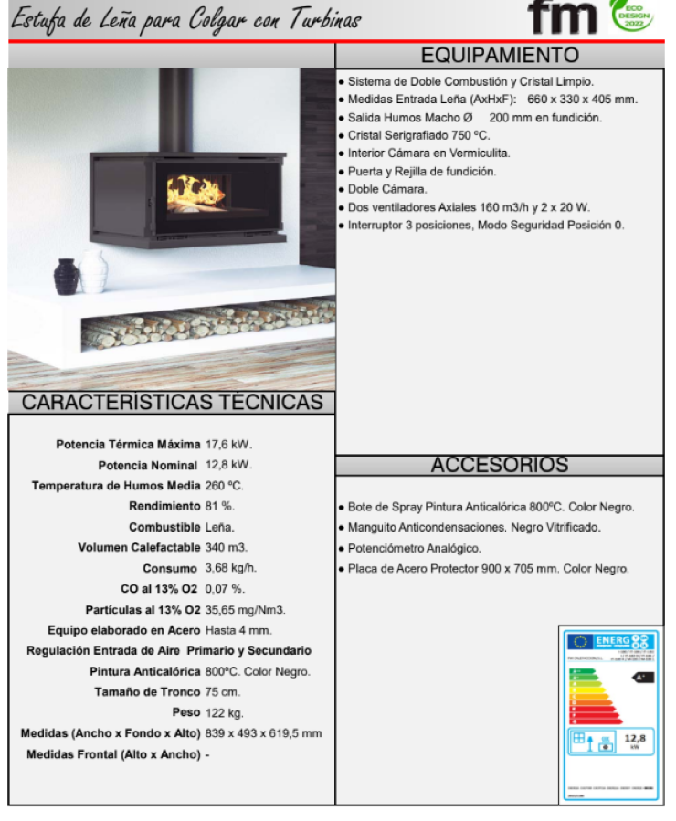 BRICOSOL Estufa de leña para colgar con turbinas FM Modelo M-180 FK Interior Fundición (131 kg)_2
