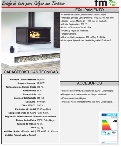 BRICOSOL Estufa de leña para colgar con turbinas FM Modelo M-180 FK Interior Fundición (131 kg)_2