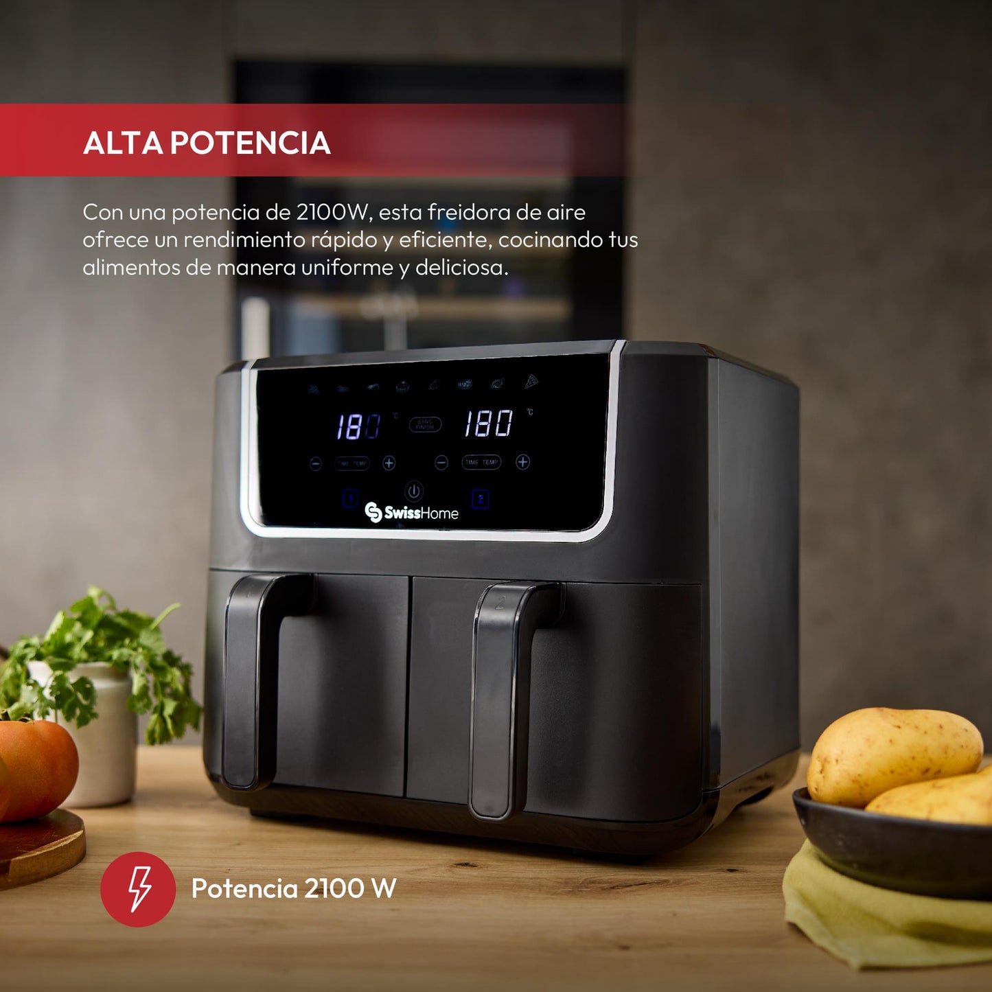 Freidora De Aire 2100w Swisshome Con 2 Ollas De 3l, 8 Funciones Y Pantalla Led_1
