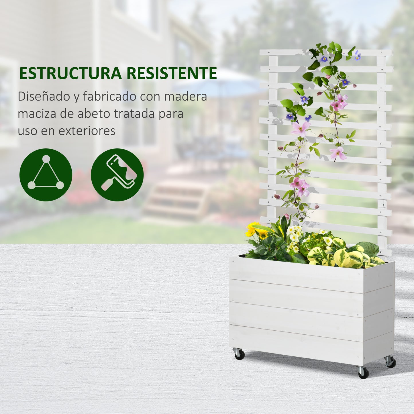 Outsunny Jardinera Con Enrejado Madera Con Ruedas Soporte Para Trepadora Blanco_3