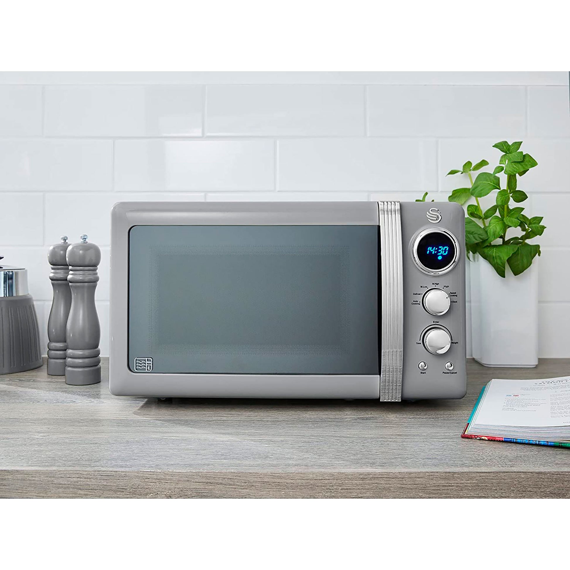 Swan Retro Microondas Digital 20l, 5 Niveles De Potencia, Función Descongelación Temporizador 60 Min, Sm22030grneu, Gris_1