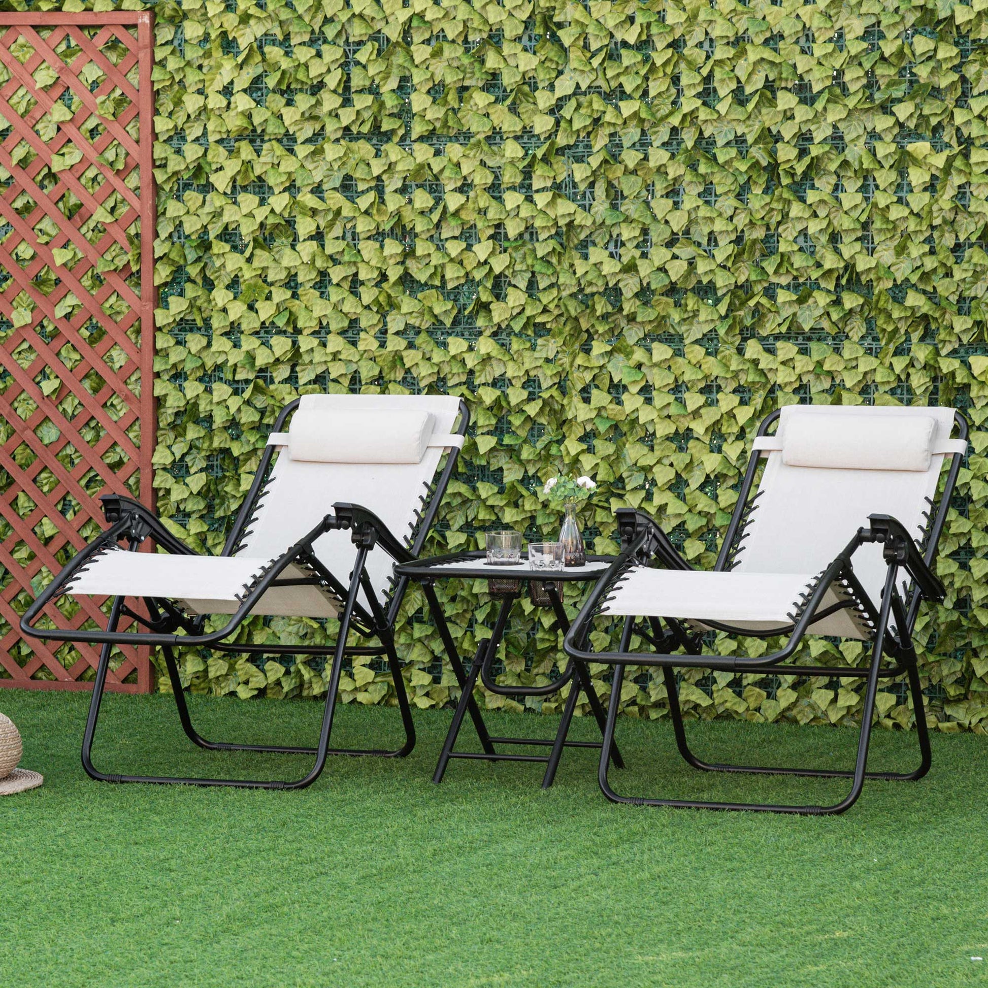 Outsunny 2 Sillas De Gravedad Cero Plegables Mesa Auxiliar Con Portavasos Beige_1