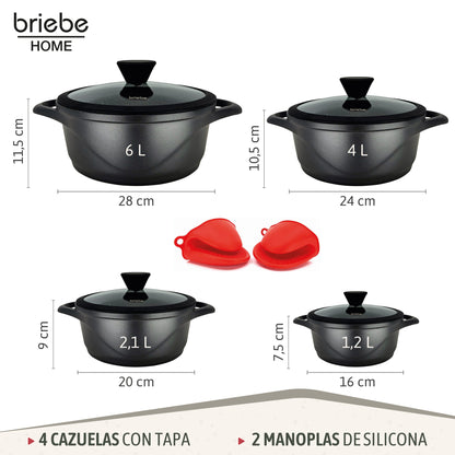 Briebe Batería De Cocina Inducción 8 Piezas Aluminio Fundido 4 Ollas Con Tapa De Cristal Antiadherente, Mgk12s, Negro_2