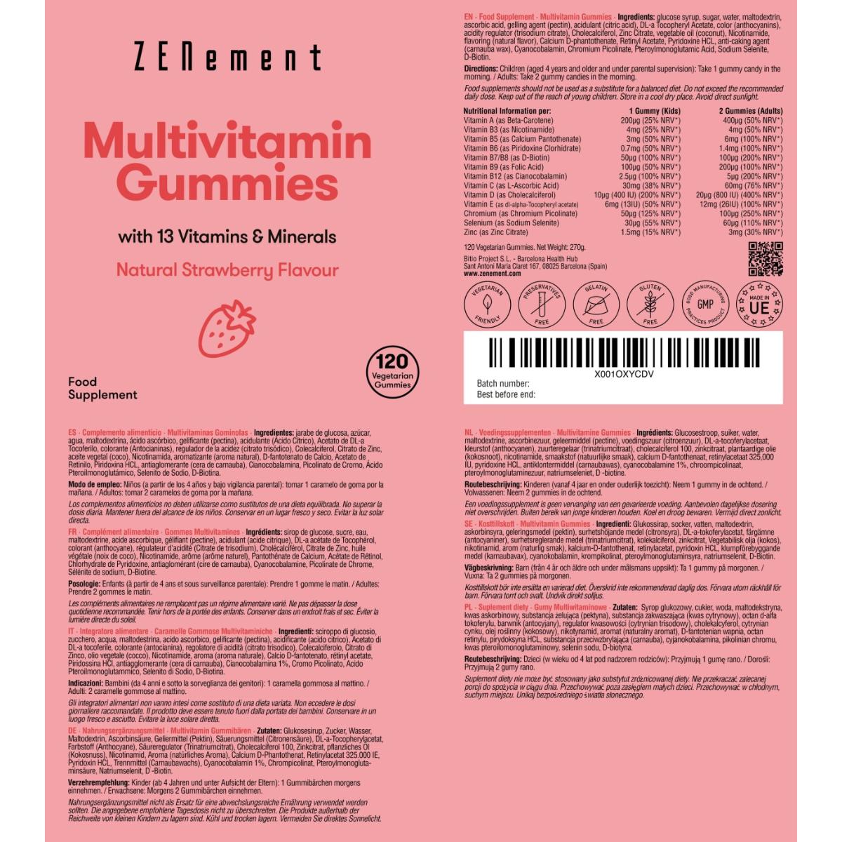 Gomas multivitamínicas, sabor natural a morango, 120 gomas
