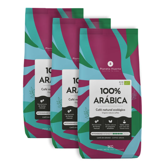 Embalagem com 3 grãos de café ecológico 100% arábica Planeta Huerto 1 kg