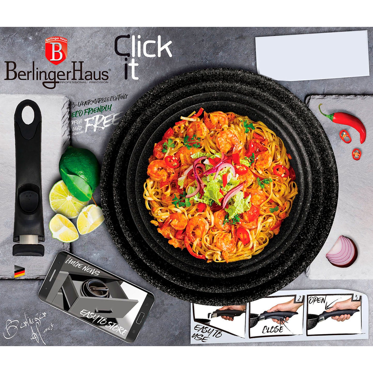 Batería De Cocina Aluminio Forjado 9 Piezas, Inducción, Asa Extraíble, Cazuelas Apilables Tapas Berlinger Haus Rose Gold Oro Rosado_3