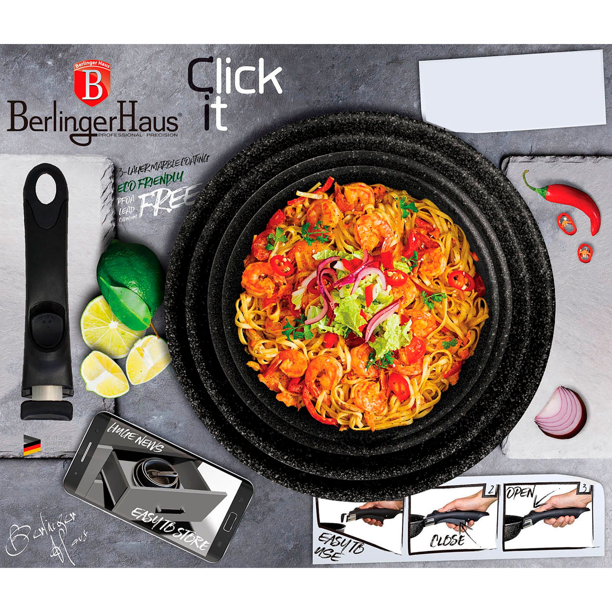 Batería De Cocina Aluminio Forjado 9 Piezas, Inducción, Asa Extraíble, Cazuelas Apilables Tapas Berlinger Haus Rose Gold Oro Rosado_3