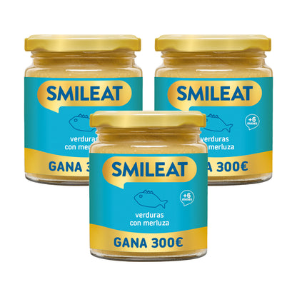 Embalagem de 3 frascos de vegetais e pescada biológica Smileat +6 meses 230g