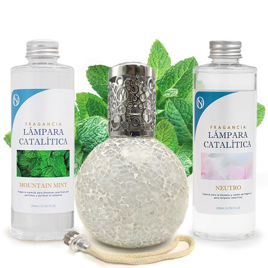 Pack Ahorro Lámpara Catalítica Mosaico Blanco + Fragancia Mountain Mint 500ml + Limpiador Neutro 200ml + Mecha Repuesto_0