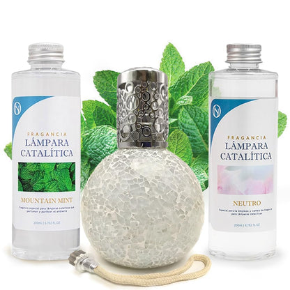 Pack Ahorro Lámpara Catalítica Mosaico Blanco + Fragancia Mountain Mint 200ml + Limpiador Neutro 200ml + Mecha Repuesto_0
