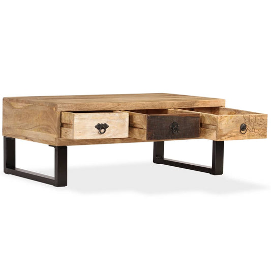 Mesa De Centro Con 3 Cajones Madera Maciza De Mango 90x50x35 Cm_0