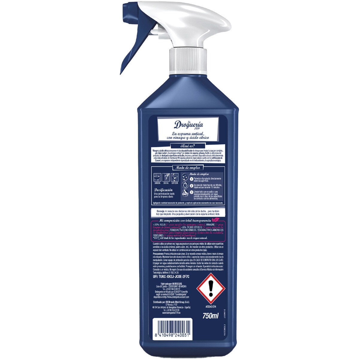 Produto de limpeza de espuma anticalcário com vinagre e ácido cítrico, aroma de framboesa, LA DROGUERIA 1919, 750 ml