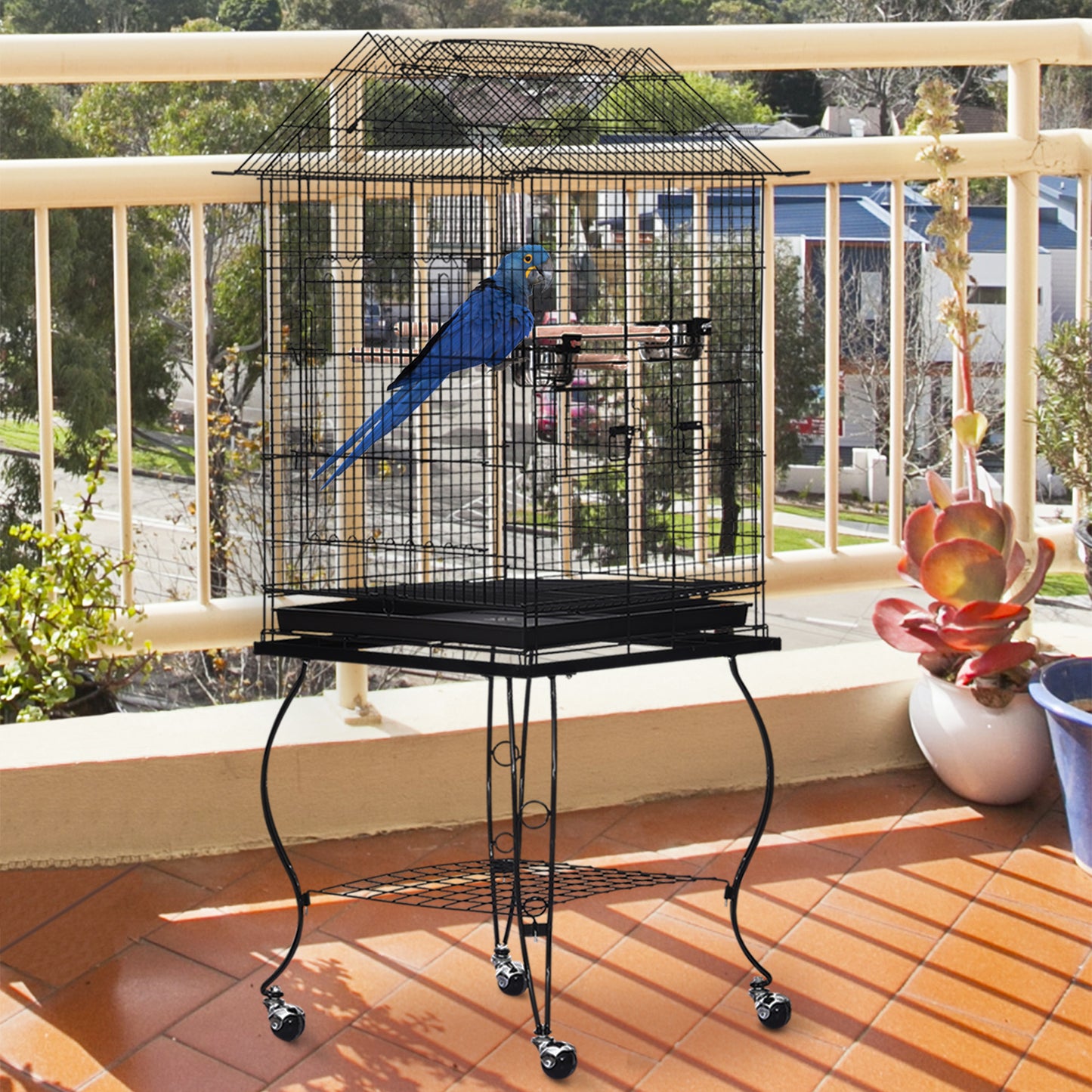 Pawhut Jaula Para Pájaros Con Soporte Ruedas Bandeja Extraíble 2 Comederos_1