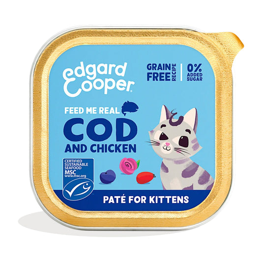 Ração húmida para gatos Patê Kitten Bacalhau e Frango Tub Edgard &amp; Cooper 85 g