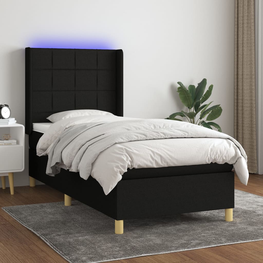 Cama Box Spring Colchón Y Luces Led Tela Negro 100x200 Cm / Vetonek_0