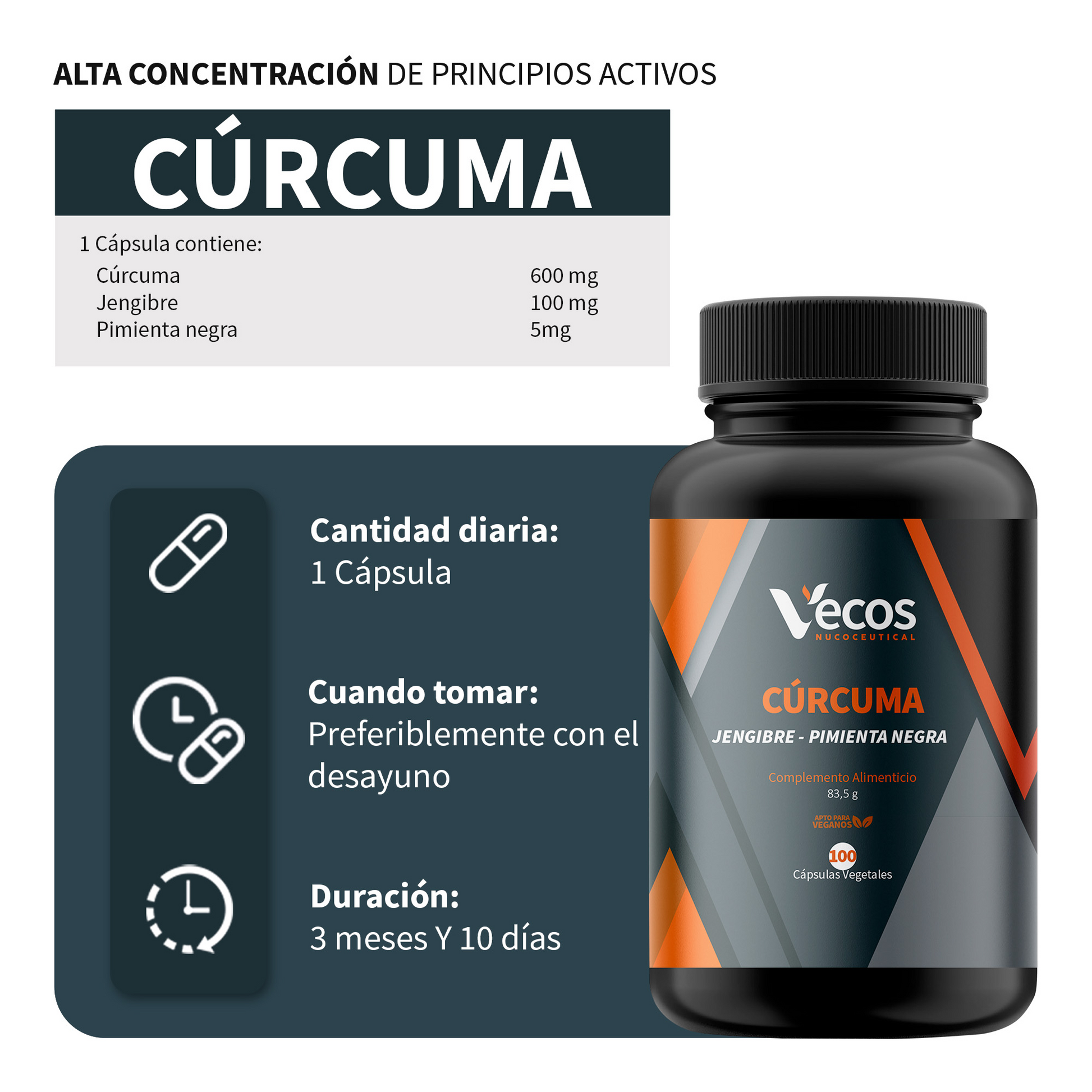 Cúrcuma 600 Mg + Jengibre Vecos 100 Cápsulas | Digestión, Articulaciones Y Absorción Mejorada | Con Piperina_2