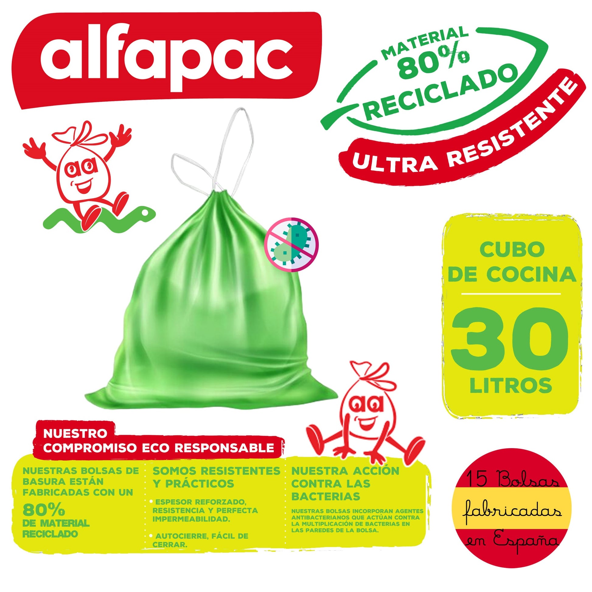 80% Reciclado 8 Rollos De 15 Bolsas De Basura  'antibacterias' 30l Con Autocierre